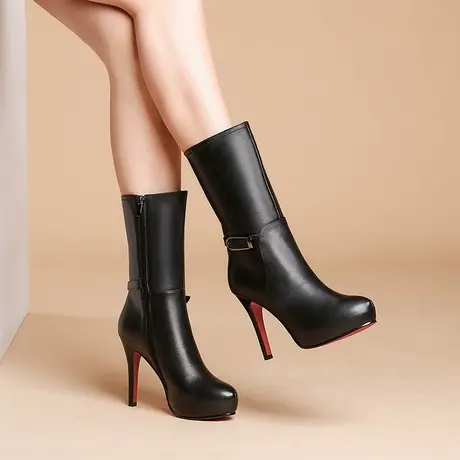 2024新款冬季时尚真皮绒里中筒靴女高跟防水台细跟气质靴子冬季商品大图