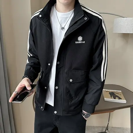 2023秋季重磅休闲工装外套潮男INS条纹拼接痞帅小众立领夹克上衣商品大图