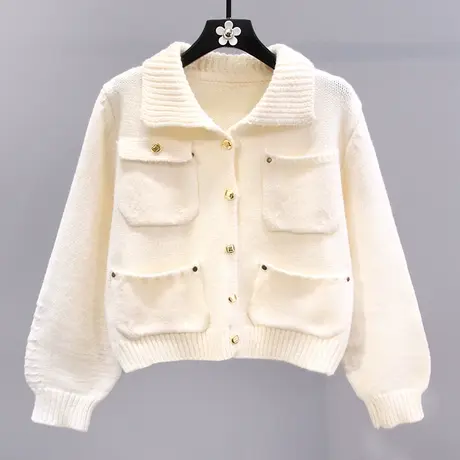 小香风polo领多口袋毛衣外套女冬季2023新款时尚宽松减龄针织开衫图片