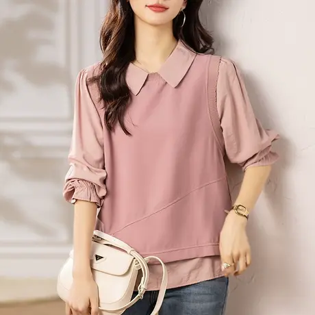 长袖衬衫女春季新款大码女装上衣宽松中年妈妈假两件百搭休闲衬衣商品大图