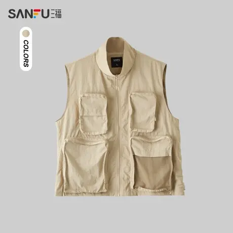 三福2024春季男士工装口袋马甲 休闲户外立领无袖外套男482397商品大图