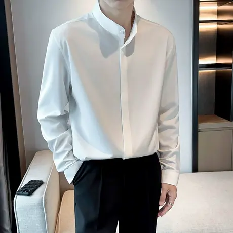 衬衫男士长袖新中式轻熟风春季男装垂感立领休闲潮流免烫商务衬衣商品大图