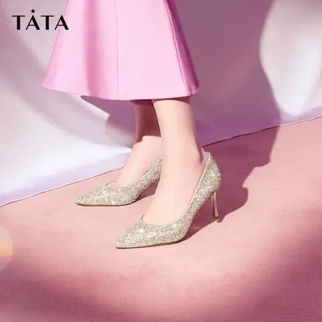 Tata他她流光细跟高跟鞋婚鞋2024春季新款鞋子女浅口单鞋7DDH9AQ3图片