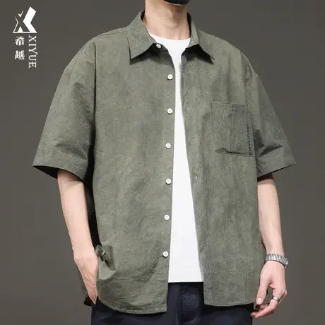希越复古扎染短袖衬衫男2024春夏新款宽松休闲男友风纯棉衬衣外套商品大图