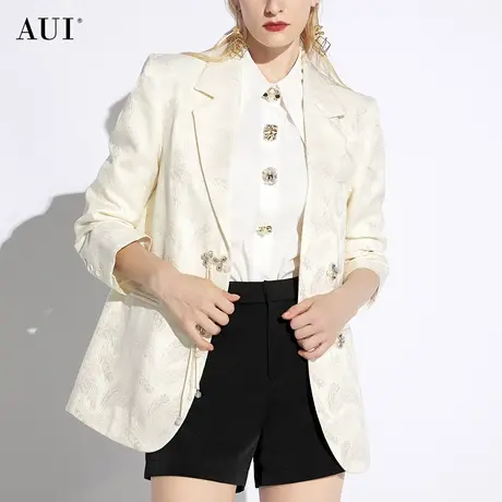AUI杏色新中式提花西装外套女2024春新款高级感职业垫肩修身西服图片