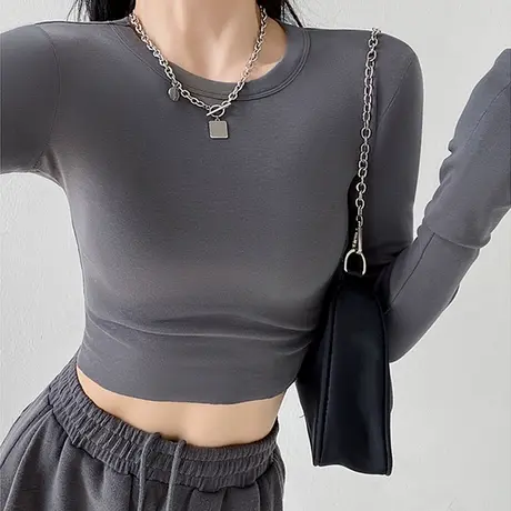 打底衫女秋冬欧美高街纯欲风内搭露脐长袖t恤辣妹紧身短款上衣ins商品大图