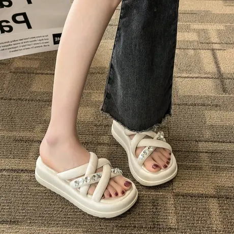 踩屎感厚底凉拖鞋女外穿2024年夏季新款时尚百搭高级感水钻一字拖商品大图