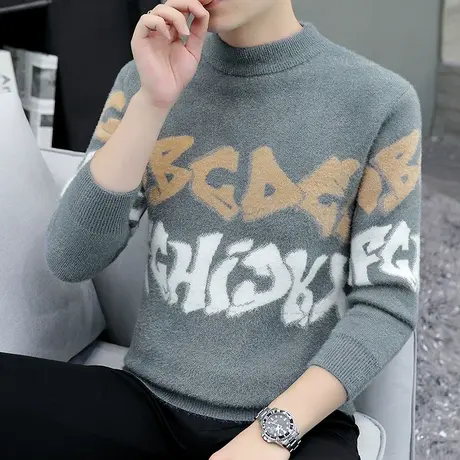 2023秋冬新款水貂绒青少年毛衣男士潮牌印花学生针织衫保暖打底衫商品大图