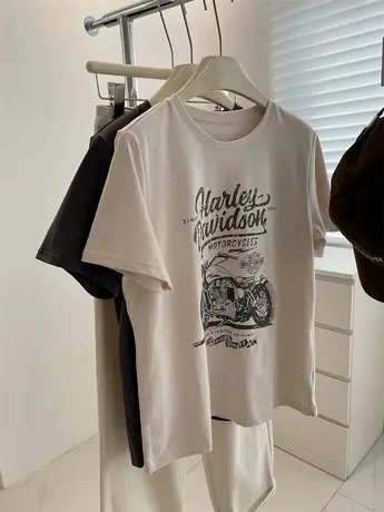 美式复古做旧印花Tee！2024春夏新款水洗棉显瘦正肩休闲短袖T恤女商品大图