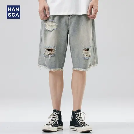 hansca美式高街破洞牛仔短裤男夏季宽松休闲复古水洗外穿五分裤子商品大图