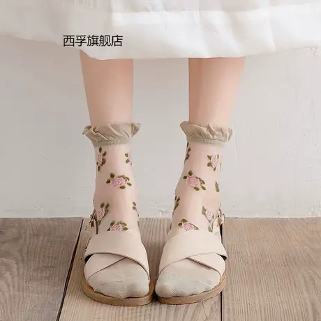 玫瑰花朵泡泡口花边袜子女中筒水晶玻璃丝袜薄款夏季透明卡丝袜子商品大图