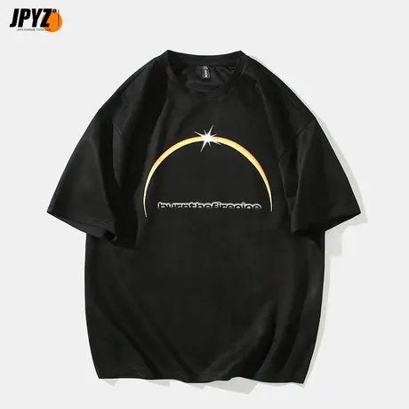 字母印花麂皮短袖国潮牌宽松复古情侣半袖美式高街圆领上衣t恤男商品大图