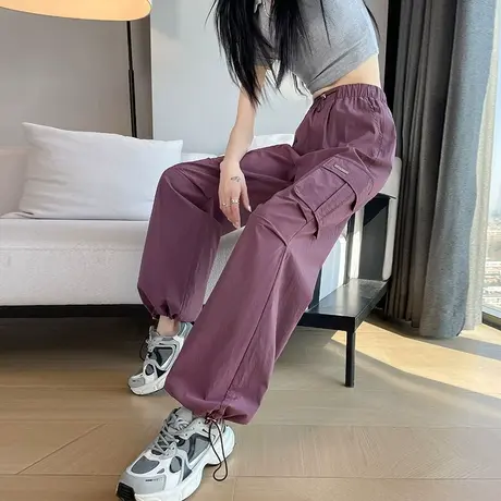 美式工装裤女直筒裤高腰2024年春季新款显瘦宽松运动裤两穿束脚裤商品大图