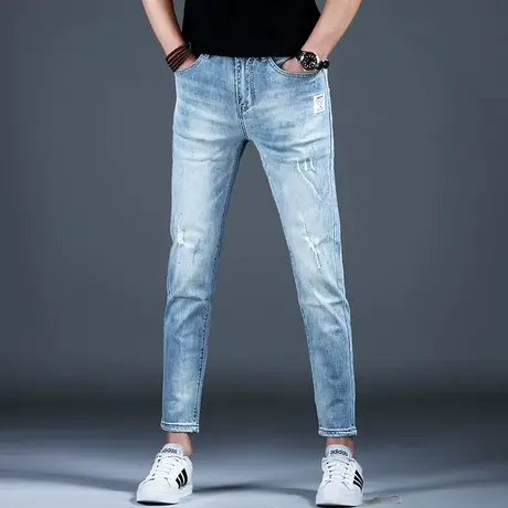夏季浅色破洞九分牛仔裤男款2024新款弹力修身小脚裤子男潮流休闲商品大图