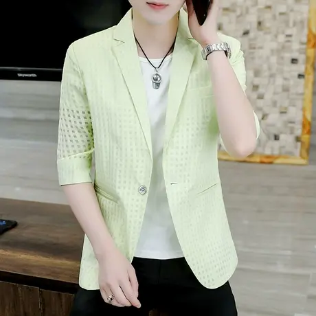 外套夏季西服男士超薄款防晒衣镂空个性格子潮流帅气七分袖小西装商品大图