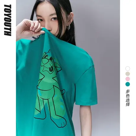 TOYOUTH初语T恤女2022年夏季新款原创趣味猫撞色印花圆领宽松上衣商品大图