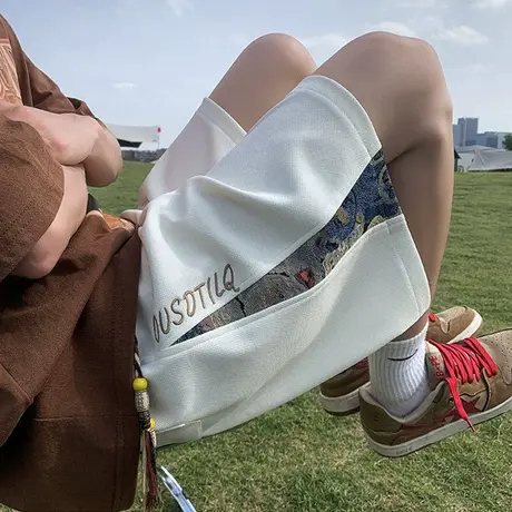 ins潮流工装宽松休闲短裤男夏季薄款阔腿拼接设计感运动五分裤子商品大图