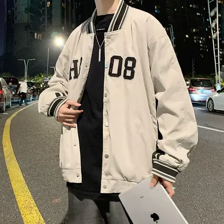 2023新款港风高街男士夹克开衫外套青年秋冬季ins潮流宽松棒球服图片