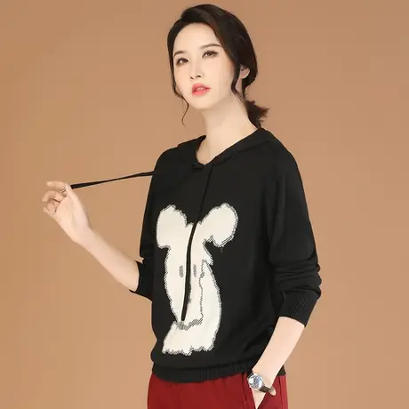 韩潮袭人黑色提花连帽长袖针织衫女2023秋季新款宽松休闲毛衣薄图片