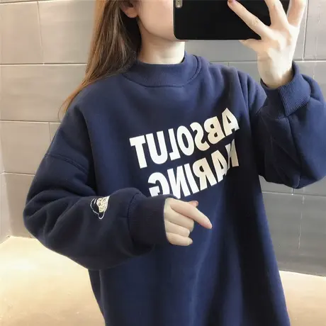 新款卫衣字母减龄学生加绒加厚上衣百搭2023秋冬中长款开叉设计感商品大图