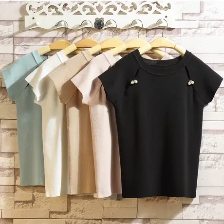 薄款冰丝针织衫女短袖t恤低圆领套头女士百搭打底衫黑色宽松上衣商品大图