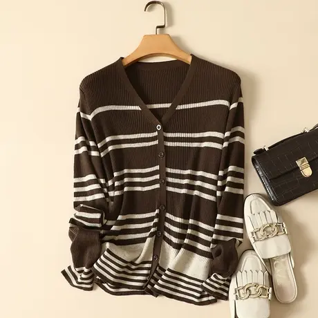 秋季2022新款针织羊毛开衫女V领条纹长袖宽松显瘦百搭外套毛衣女商品大图