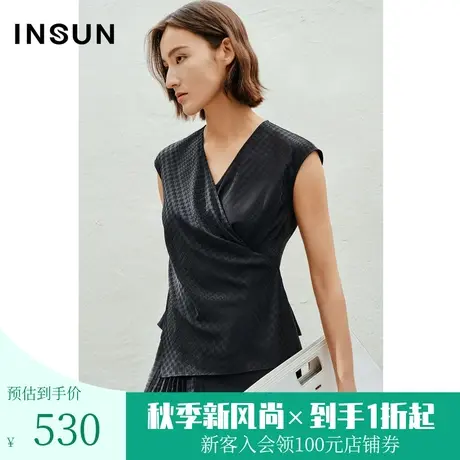 恩裳2023夏装新款千鸟格提花坎肩小飞袖收腰冰丝垂感衬衫图片