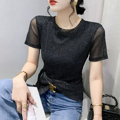 时尚网纱短袖T恤女欧货洋气修身圆领上衣收腰修身小衫别致夏装潮商品大图
