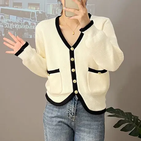 小香风针织开衫外套2023秋装新款宽松短款小个子长袖外搭春秋上衣商品大图