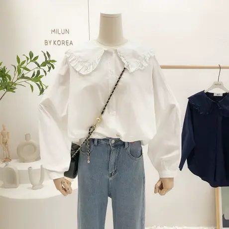 娃娃领上衣2022早春装新款韩国东大门纯色木耳边蕾丝领衬衫打底女图片