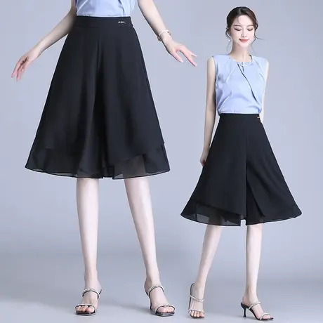 2023夏季新款黑色雪纺垂感中长裙裤女高腰显瘦阔腿裤短裤直筒裤子商品大图