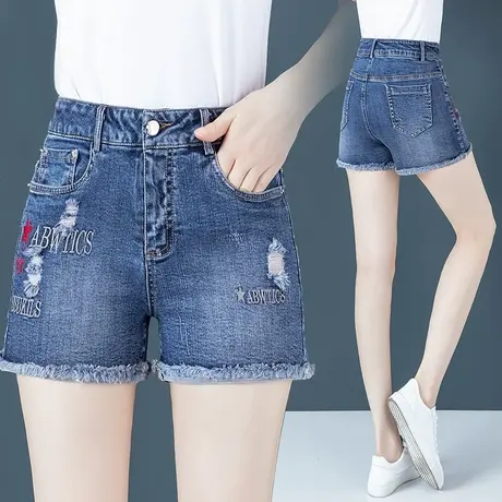 破洞牛仔短裤女夏大码胖mm薄款显瘦裤子刺绣中腰休闲毛边热裤百搭图片
