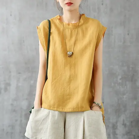 dza宽松半高领短袖T恤女士棉麻上衣2022夏季新款显瘦亚麻t桖小衫商品大图