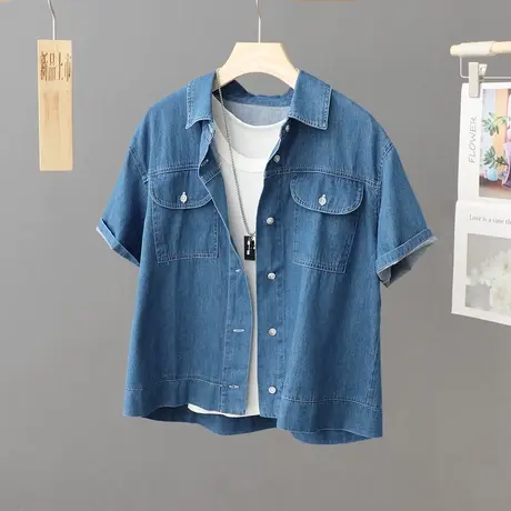 夏季薄款牛仔外套女短袖2023新款宽松短款衬衫外搭开衫设计感上衣商品大图