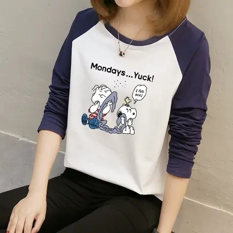 纯棉长袖t恤女春秋宽松薄款上衣2022年春季韩版拼色洋气打底衫潮商品大图