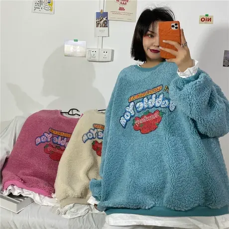 羊羔毛卫衣女秋冬加绒加厚宽松韩版假两件上衣bf慵懒风外套潮ins商品大图