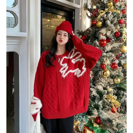 圣诞毛衣女秋冬季加厚宽松设计感小众上衣日系复古慵懒风针织外套商品大图