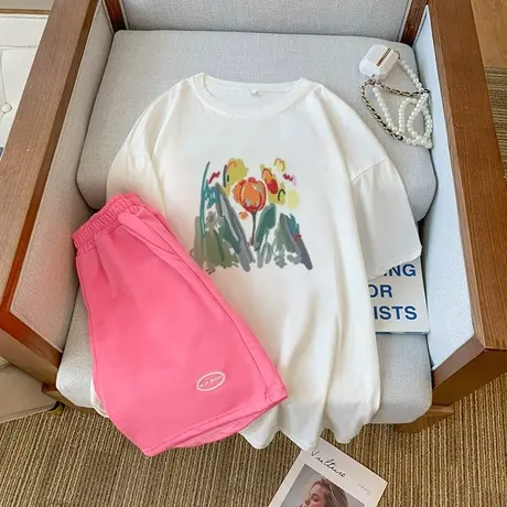 纯棉运动服套装女夏季宽松短袖短裤小个子网红盐系炸街休闲两件套商品大图