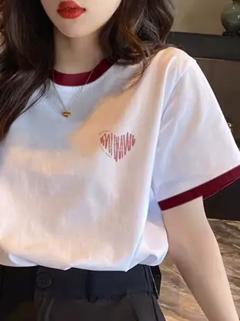 欧货仿棉t恤短袖女2023新款夏季宽松显瘦拼色小众设计感半袖上衣图片