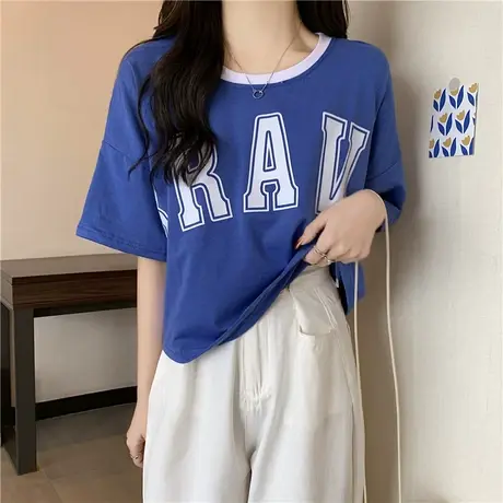 克莱因蓝短款短袖t恤女2022早春新款夏装宽松半袖上衣服打底小衫商品大图