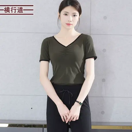 V领撞色修身短袖2023新款夏装纯色简约大码女上衣外穿洋气T恤小衫商品大图