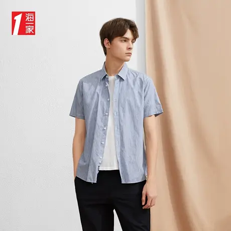 海一家清新条纹衬衣新款尖领商务休闲舒适色织短袖衬衫男图片