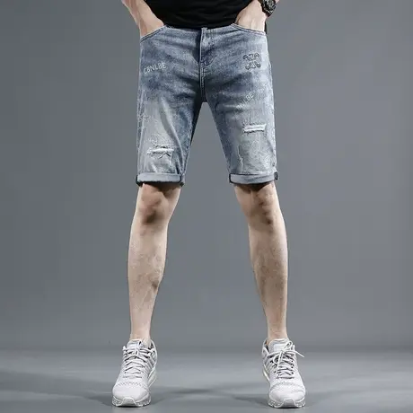 2023夏季新款破洞牛仔短裤男潮牌印花烫钻男士潮流五分休闲裤子男商品大图