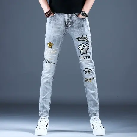 2023男士新款秋款牛仔裤子时尚修身精致刺绣原宿风小脚裤百搭潮男图片