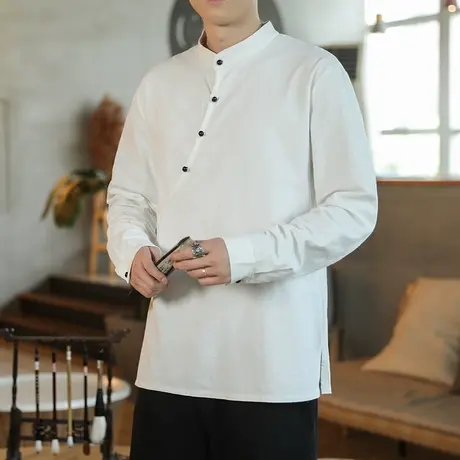 中国风男长袖衬衫宽松加肥加大码个性男装衣服复古休闲斜襟打底衫商品大图