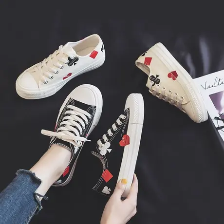 女鞋2023夏季透气帆布鞋女涂鸦休闲鞋扑克印花板鞋韩版百搭潮鞋子商品大图