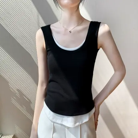 假两件吊带背心女宽边2023夏季韩版修身显瘦遮肚子设计感露背小衫商品大图