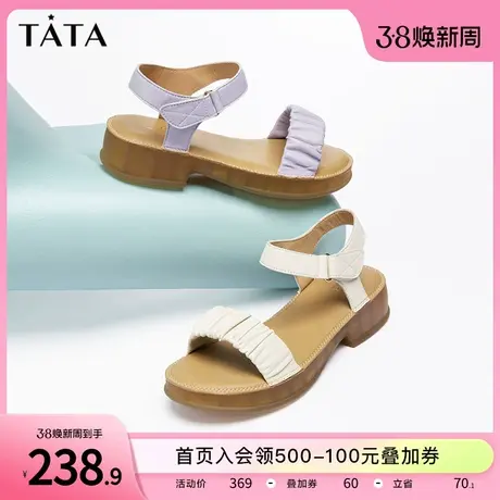 Tata他她简约一字带凉鞋女软底羊皮厚底凉鞋2023夏季新款YBF01BL3商品大图