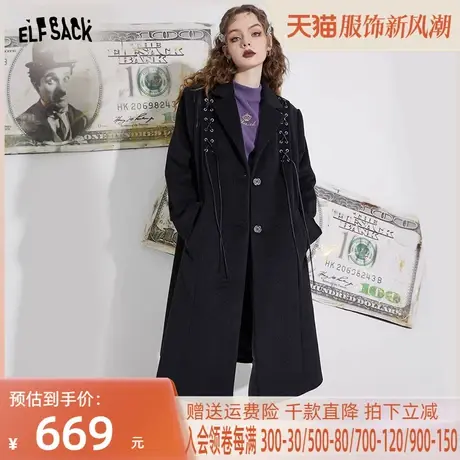 妖精的口袋黑色毛呢外套女2022秋冬新款呢子大衣小个子中长款气质图片