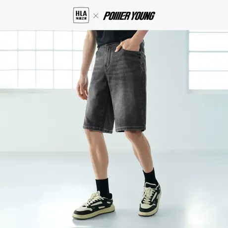HLA/海澜之家POWER YOUNG牛仔中裤23春夏新款猫须水洗直筒五分裤图片